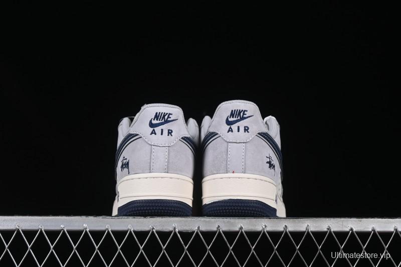 Nike Air Force 1 '07 Low Stussy Collaboration Grey Blue Swoosh Casual Sneakers - XZ3318-088