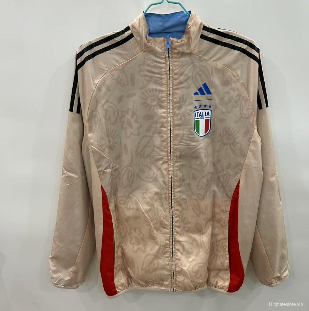 2025 Italy Light Blue/Beige with Floral Pattern Reversible Windbreaker