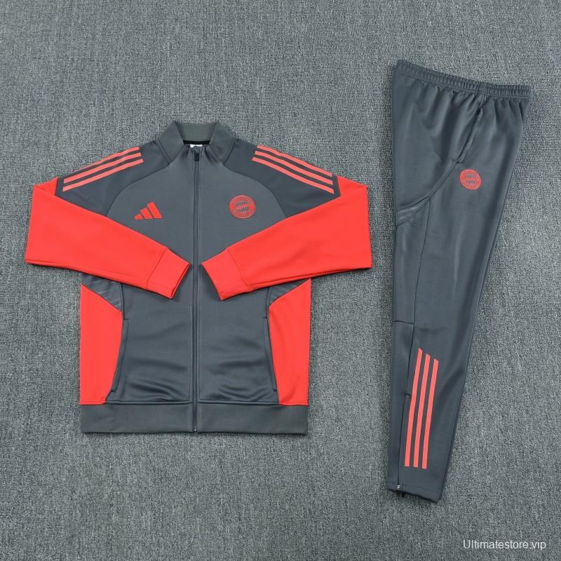 25/26 Bayern Munich Grey with Red Sleeves Half Zipper Jacket Tracksuit +Long Pants