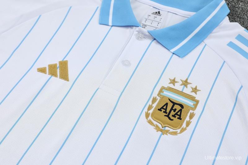26/27 Argentina White Stripes Polo Training Shirt + Navy Blue Long Pants Tracksuit