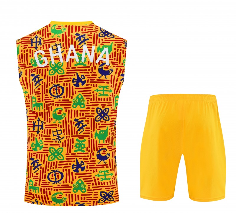 25/26 Ghana Yellow Adinkra Symbol Print Sleeveless Training Suit + Shorts
