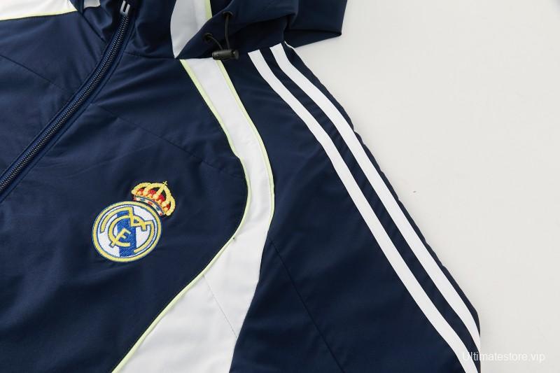 26/27 Real Madrid Navy Blue Full Zipper Hooded Windbreaker Tracksuit + Long Pants