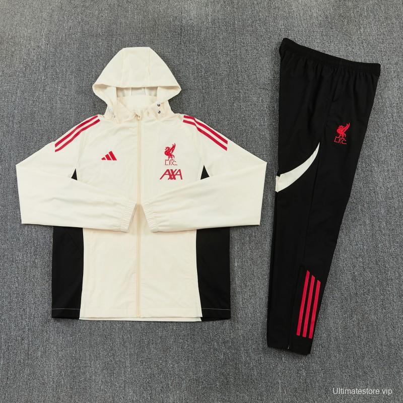 26/27 Liverpool Cream Full Zipper Hooded Jacket Tracksuit + Black Long Pants