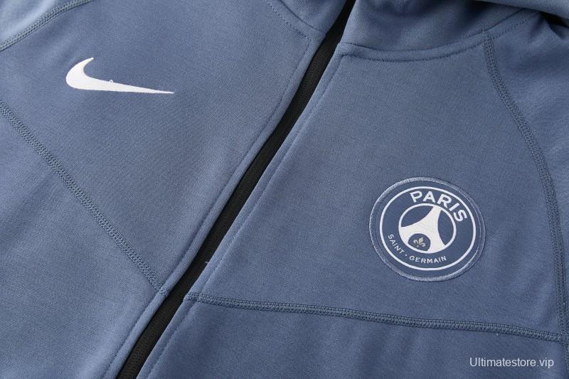 26/27  Paris Saint-Germain Steel Blue Full Zipper Hooded Jacket Tracksuit + Long Pants