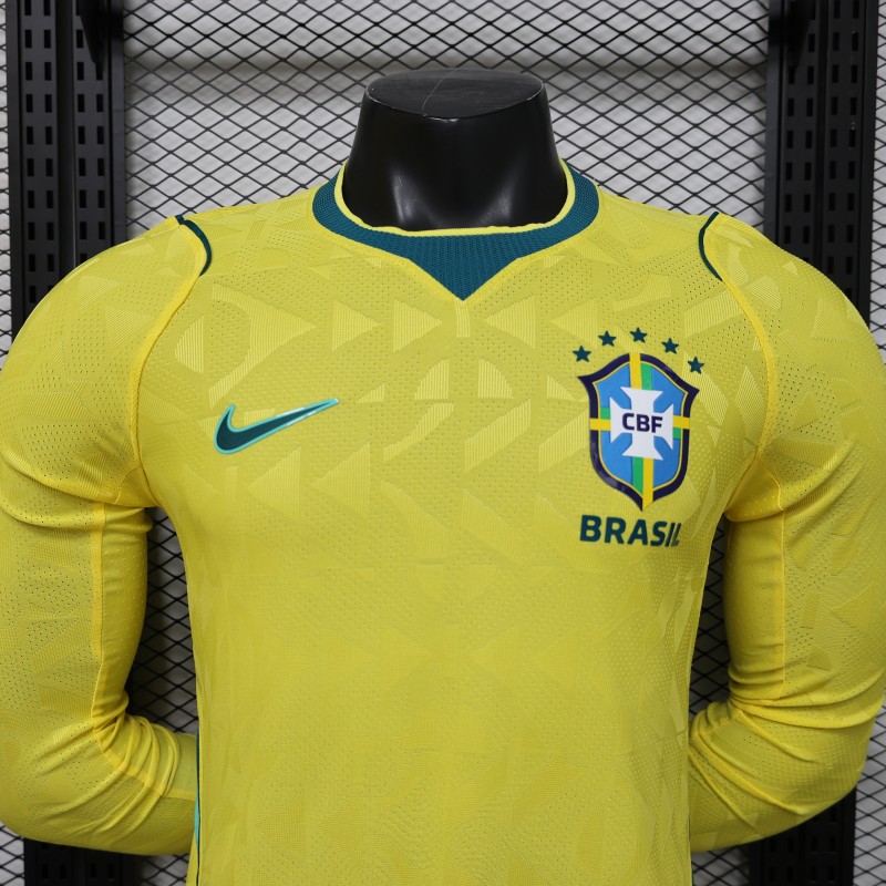 Player Version 2026 Brazil  Yellow with Geometric Pattern Home Long Sleeve Jersey