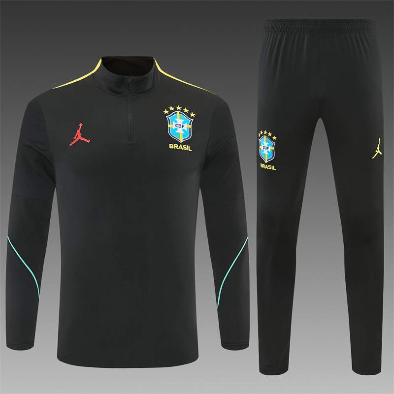 2026 Brazil Black & Yellow Half Zipper Jacket Tracksuit + Long Pants