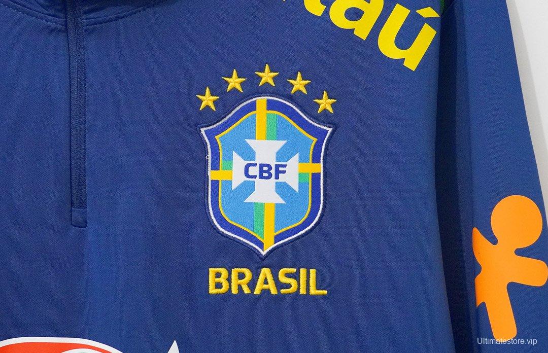 2024 Brazil Navy Blue with Lime Green Long Sleeve Half-Zip Training Top