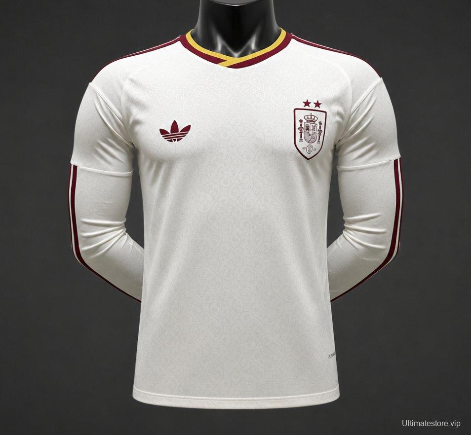 Player Version 2 Star 2026 Spain Away White Long Sleeve Jersey With Champion Patch